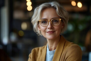 Mature female professional holding a gold credit card in an office, Generative AI