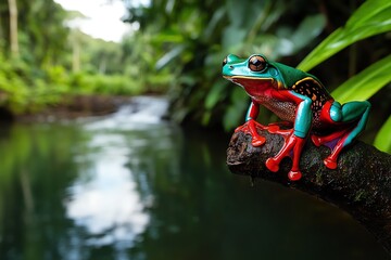 A brightly colored frog sitting on a tree branch over a river, with lush greenery and the flowing water creating a peaceful rainforest scene.