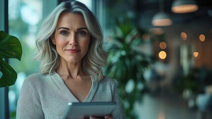 Focused business woman working from a digital tablet in her office, Generative AI