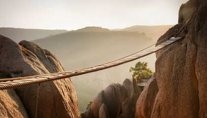 Canvas Print - A wooden bridge connects two rocky cliffs.