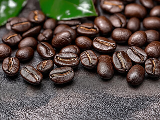 Coffee roasted seeds with green leaf