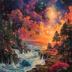 Poster - Dreamy Sunset Landscape with Waterfall and Starry Sky