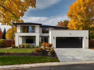 Double garage, brick and siding trim, and a luxurious modern home exterior