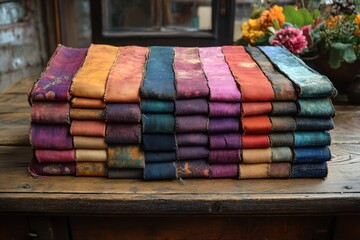 Colorful Stacked Fabrics on Wooden Table with Flowers