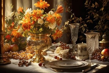 Poster - Flowers decorating a table setting candle plate glass.