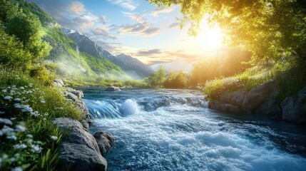 A river flowing from a mountain source to the sea, then evaporating and returning as rain, completing the water cycle. Concept of nature and renewal.