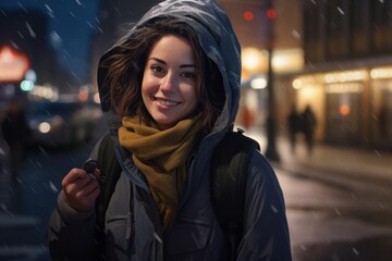 Poster - Portrait of a grinning woman in her 30s sporting a quilted insulated jacket while standing against bustling city street at night