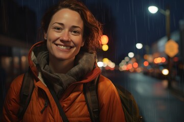 Poster - Portrait of a grinning woman in her 30s sporting a quilted insulated jacket in front of bustling city street at night