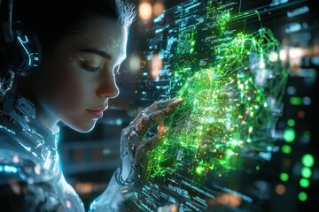 A young woman in a futuristic setting interacts with a glowing digital interface.