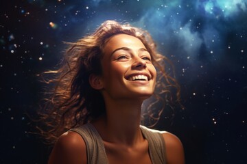 Poster - Portrait of a joyful woman in her 30s dressed in a breathable mesh vest in front of backdrop of starlit galaxies