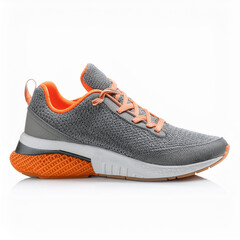 A modern athletic shoe featuring a grey and orange design, ideal for sports and fitness activities.