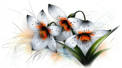   Three white flowers with orange stamens painted in the foreground against a pristine white canvas background