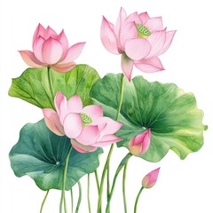 Canvas Print - Delicate watercolor lotus flowers illustration