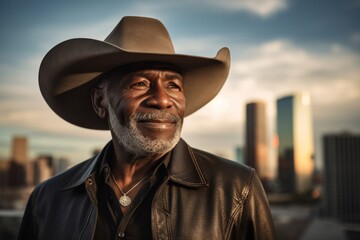 Wall Mural - Portrait of a satisfied afro-american man in his 60s wearing a rugged cowboy hat on stunning skyscraper skyline