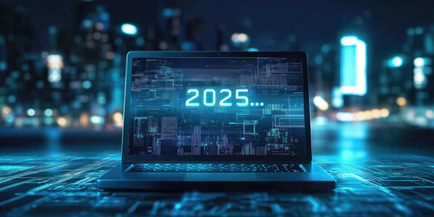 Computer screen with numbers 2025. Celebrating new year 2025 concept