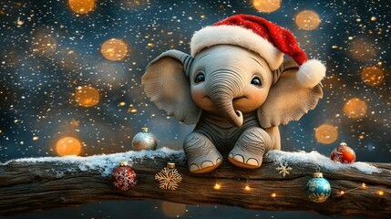 Wall Mural -   An elephant donning a Santa hat atop a tree branch, festooned with Christmas decorations, surrounded by strings of holiday lights