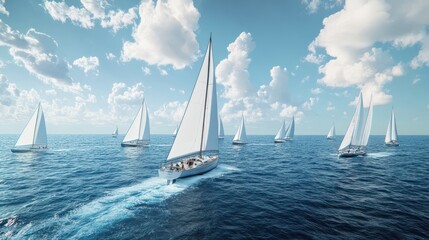 Regatta sailing ship yachts with white sails at opened sea. Aerial view of sailboat in windy condition.