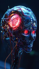 Sticker - brain inner part of a futuristic robot or animatronic, hyper-realistic, cyberpunk style, high detail, great definition, neon lights, wires and liquid metal parts, 