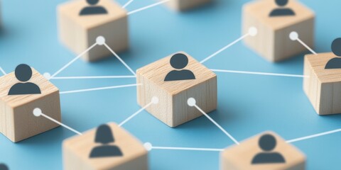 A blue background with small wooden blocks connected by lines, each block has an avatar of people on it, representing a network and connections in business or social settings