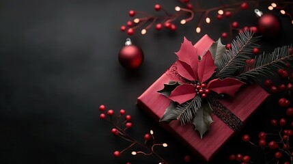 Wall Mural -   Red present in red paper with a bow & Christmas decorations against a black backdrop, adorned with poinsettias