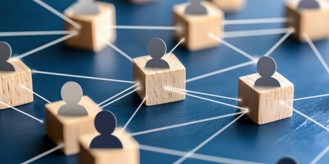 A blue background with small wooden blocks connected by lines, each block has an avatar of people on it, representing a network and connections in business or social settings