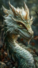 Poster - Green and White Dragon Portrait: A Fantasy Creature Illustration