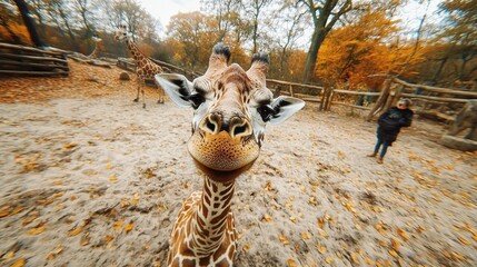 Canvas Print -   A giraffe's face in focus, with a person visible in the background, gazing towards the camera