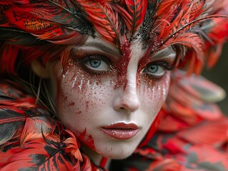 Wall Mural - Close Up Portrait of a Woman with Red Feathers and Dramatic Makeup