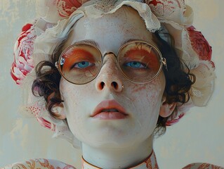 Wall Mural - Close-up Portrait of a Woman with Flowers and Round Glasses