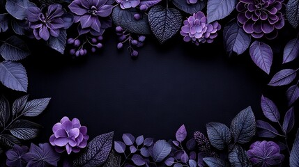 Wall Mural -  A photo of purple flowers and leaves against a black backdrop featuring space for a name