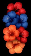 Wall Mural -   A group of red, white, and blue blossoms on a dark background, symbolizing the American flag's colors