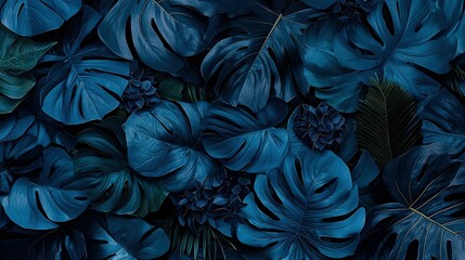 Wall Mural -   A close-up of blue flowers on a black background with a green plant in the center