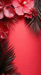 Wall Mural -  A red background adorned with palm leaves and flowers at the base of the image