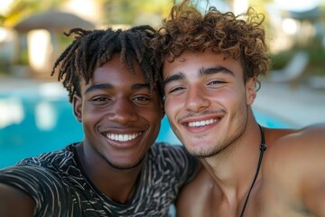 Sweet gay couple taking a selfie together, Generative AI