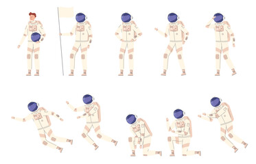 astronaut in different poses. a man in an astronaut costume. space exploration. flight to the stars,