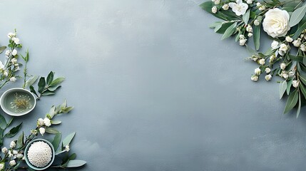 Wall Mural -   A bowl-topped table next to a vase on a blue surface, holding white flowers and greenery