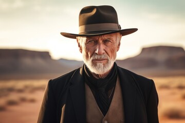 Sticker - Portrait of a content man in his 70s donning a classic fedora over backdrop of desert dunes