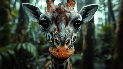 Canvas Print -   A giraffe's face in close-up against tree backdrop