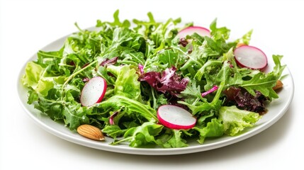 A healthy vegan salad with a mix of ingredients including radish lettuce mangold parsley arugula almonds salt tasty balsamic and pepper is presented on a white plate in a flat lay style leaving ample