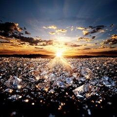 Wall Mural - ice-filled field bathed in cloudy dusk as the sun sets centrally