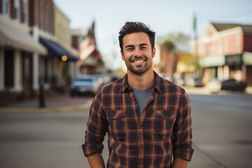 Canvas Print - Portrait of a satisfied man in his 30s dressed in a relaxed flannel shirt in charming small town main street