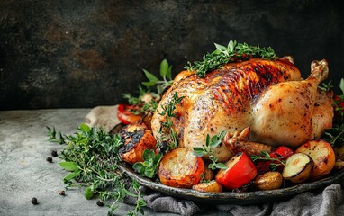 A beautifully roasted chicken garnished with herbs and surrounded by colorful vegetables on a rustic tray.