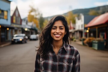 Wall Mural - Portrait of a satisfied indian woman in her 20s wearing a comfy flannel shirt while standing against charming small town main street