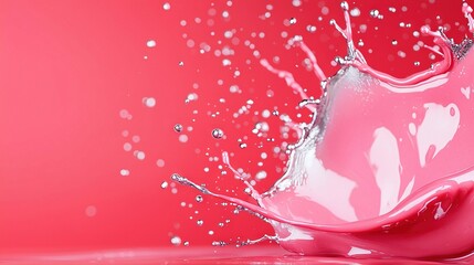 Wall Mural -  A pink liquid splashes onto a red surface with water droplets on the bottom edge of the splash