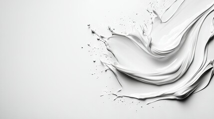 Wall Mural -   White liquid sprays from bottle onto white surface with water droplets