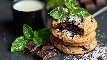 Wall Mural -   A plate of cookies sits on a table beside a glass of milk and a heap of chocolate chips