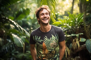 Wall Mural - Portrait of a cheerful man in his 30s sporting a vintage band t-shirt in front of lush tropical rainforest