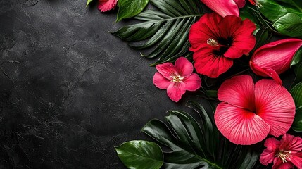 Canvas Print -   A few red blossoms with lush green foliage on an obsidian backdrop, featuring space for a caption or photograph