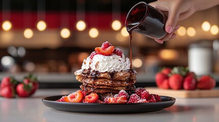 Wall Mural -  A person pouring syrup on a pancake stack with whipped cream and strawberries