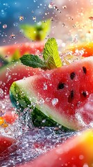 Wall Mural -   Watermelon slices with green leaves floating in a water pool